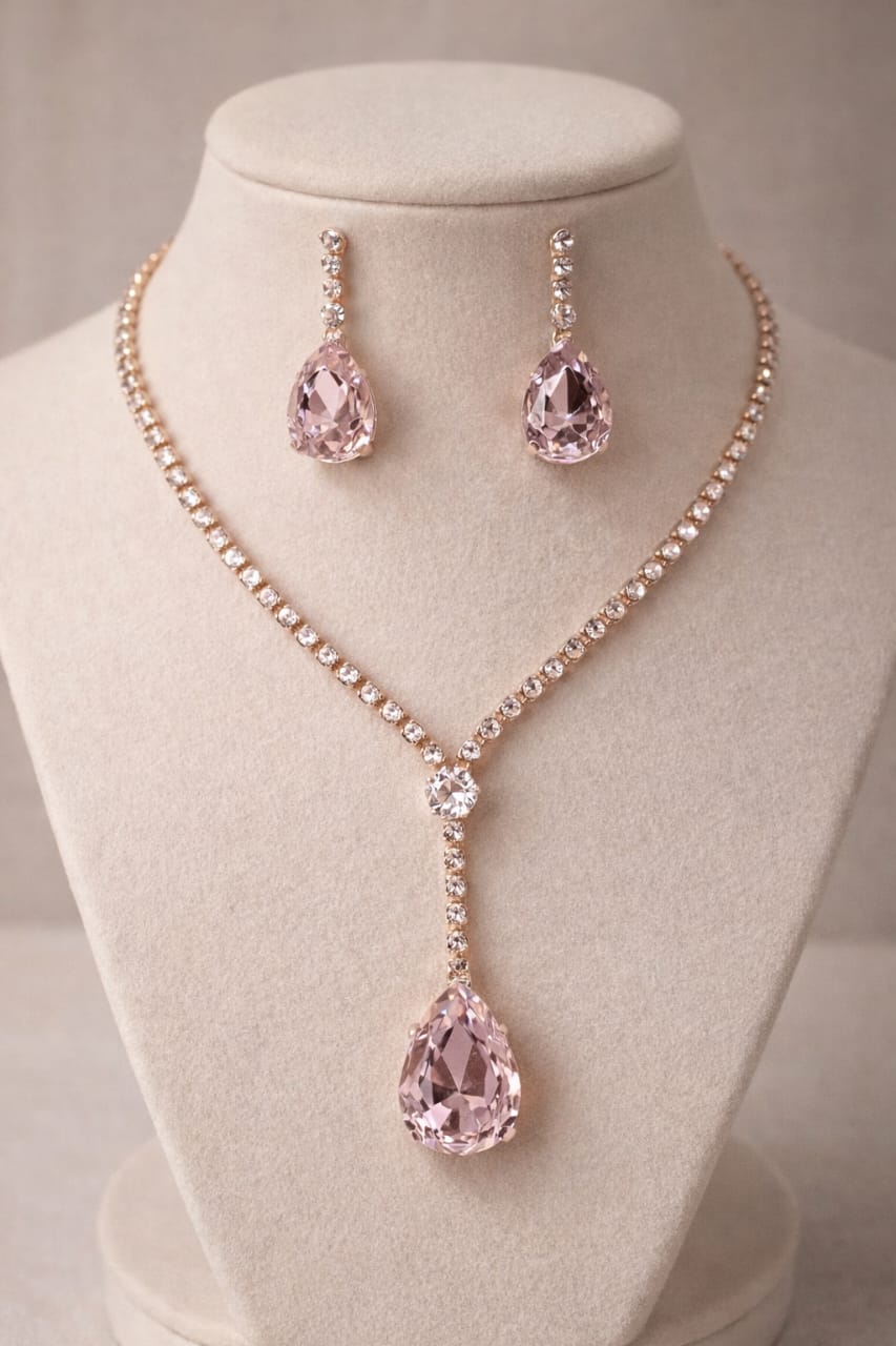 Elegant Blush Pink Crystal Necklace Set with Matching Earrings