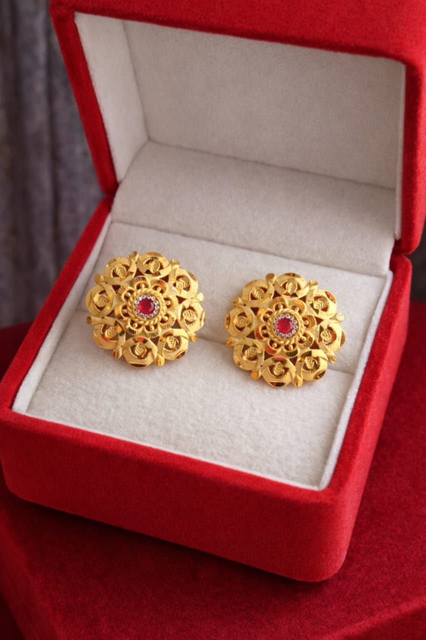 Red Stone Gold Floral Stud Earrings