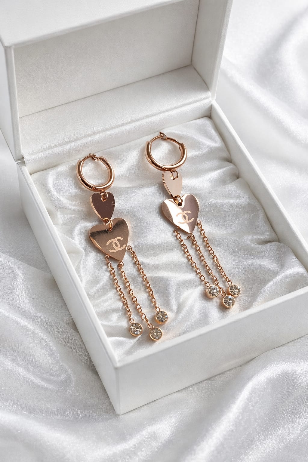 Rose Gold Heart Chain Drop Earrings