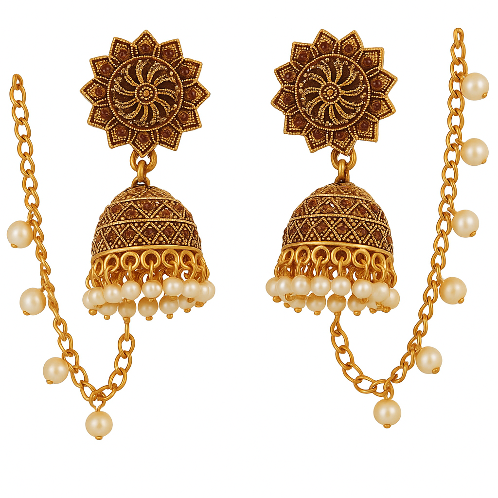 Jhumka Pearl Chain Earrings - Image 1