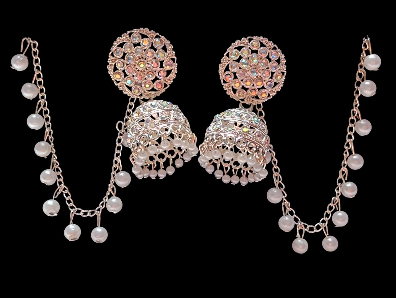 Pearl-Studded Jhumka Chain Earrings - Image 1