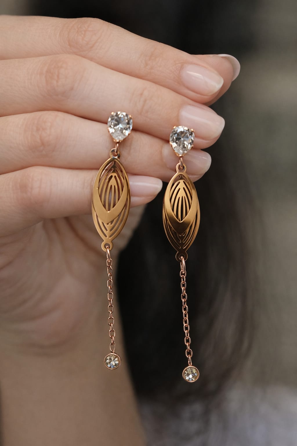 Rose Gold Leaf Drop Earrings - Image 1