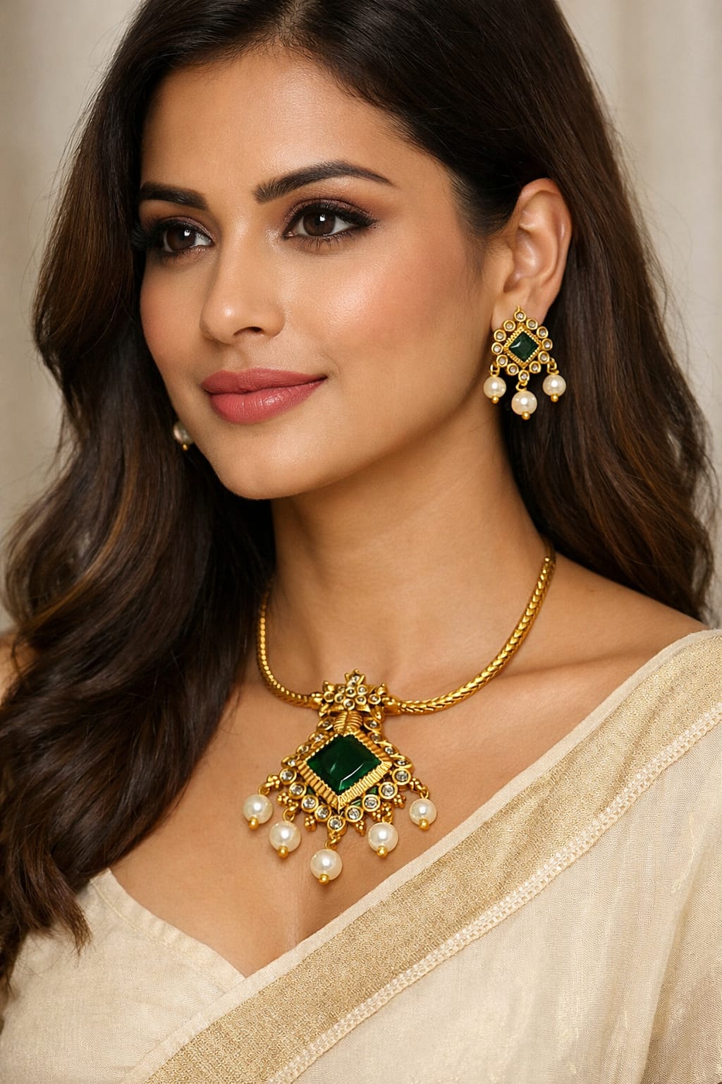Emerald Green Kundan Pearl Drop Necklace Set - Image 1