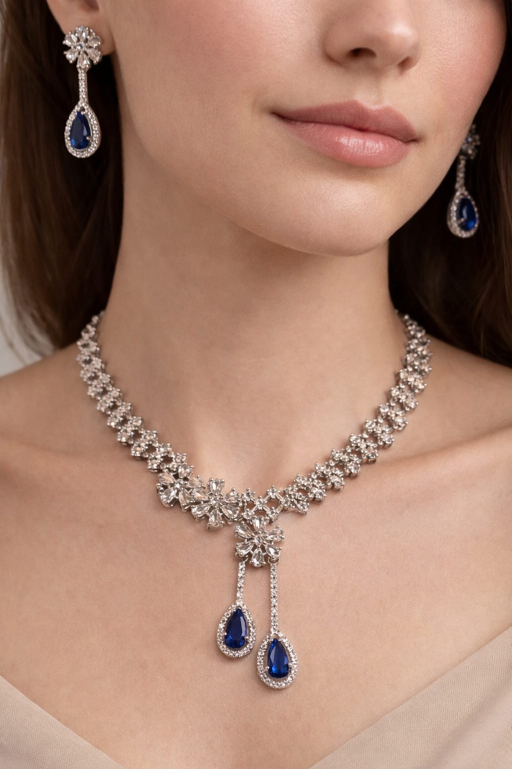 Royal Blue Teardrop Crystal Necklace Set with Earrings - Image 1