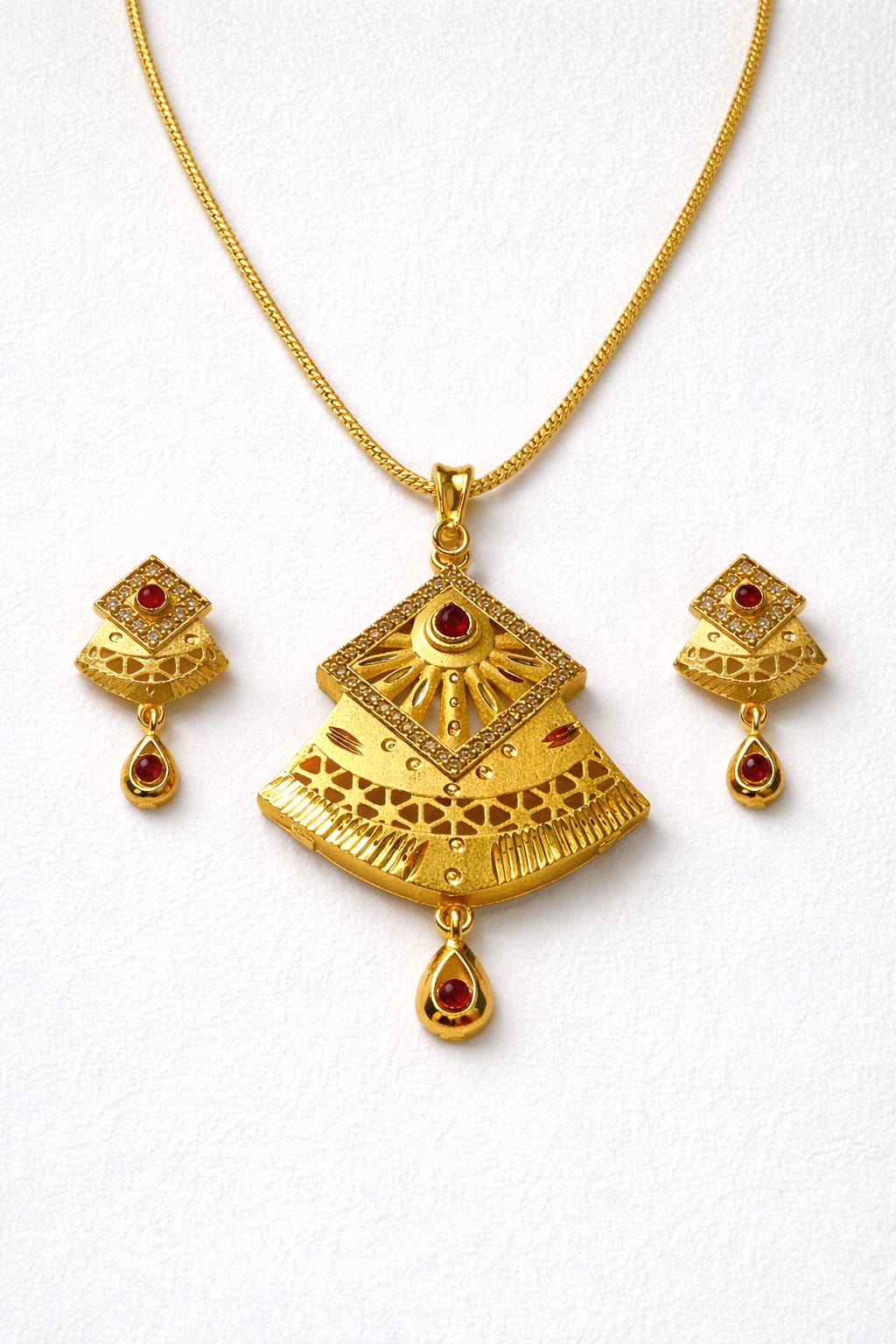 Gold-Tone Traditional Geometric Pendant Necklace Set with Earrings - Image 2